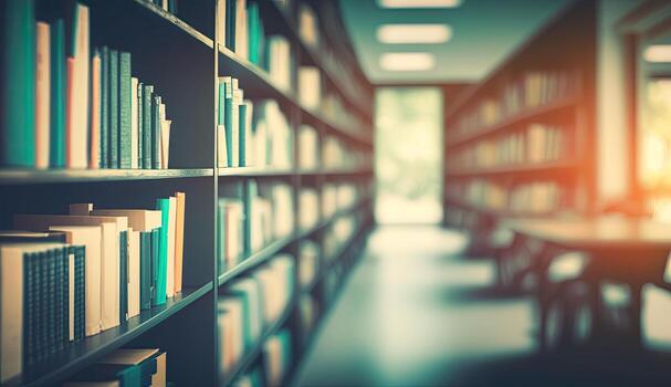 Blurred classroom with bookshelves based on defocussed effect. Abstract blurred empty university library interior space. Use for background or backdrop in bookstore business or education concepts photo