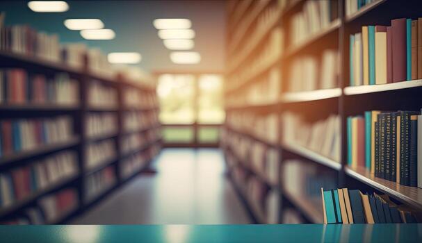 Blurred classroom with bookshelves based on defocussed effect. Abstract blurred empty university library interior space. Use for background or backdrop in bookstore business or education concepts photo