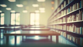 Blurred classroom with bookshelves based on defocussed effect. Abstract blurred empty university library interior space. Use for background or backdrop in bookstore business or education concepts photo