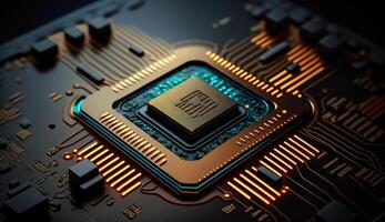 Microchip, surface zoom in computer chip technology, neon light lines, IT, macro photography photo