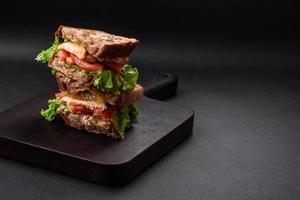 Delicious sandwich with crispy toast, chicken, tomatoes and lettuce photo