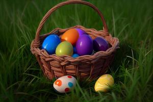 Easter basket with colorful eggs. Easter theme. photo