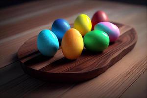 Colorful easter eggs old brown wooden board. Easter theme photo