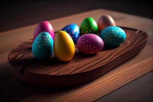 Colorful easter eggs old brown wooden board. Easter theme photo