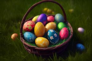 Easter basket with colorful eggs. Easter theme. photo
