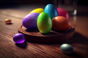 Colorful easter eggs old brown wooden board. Easter theme photo