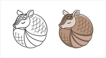 Armadillo sleeping and rolled up into a ball cartoon vector illustration. Colored and outline set. Cute animal character design.