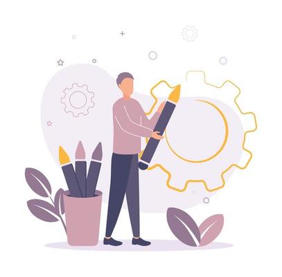 A man with a pencil in his hands. A man is drawing. A man near a glass with pencils draws a gear.