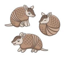 armadillo dibujos animados en diferente poses vector ilustración colocar. sesión, en pie y arrollado arriba dentro un pelota. linda animal personaje diseño.