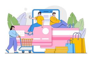 en línea pago concepto. hombre y mujer con teléfono inteligente hace en línea compras sentado en un grande crédito tarjeta. contorno diseño estilo mínimo vector ilustración para aterrizaje página, infografía, héroe imágenes