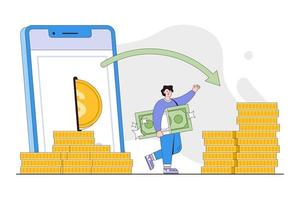 personas hacer dinero utilizando móvil aplicación concepto. dibujos animados chico con dinero en efectivo. financiero operaciones, actas, pago y inversión vía digital dispositivo. mínimo vector ilustración para aterrizaje página