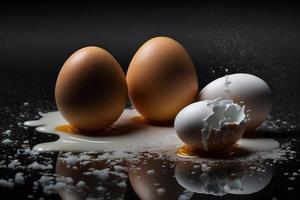 Chicken eggs, brown and white eggs on a table. Eggs ready to be used with flour and wheat in recipe on the table. Types of eggs used in cake preparation and various recipes. photo