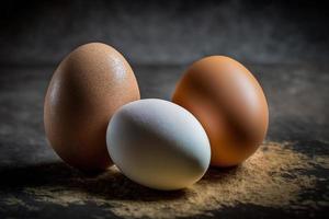 Chicken eggs, brown and white eggs on a table. Eggs ready to be used with flour and wheat in recipe on the table. Types of eggs used in cake preparation and various recipes. photo