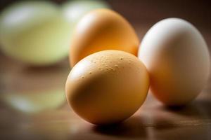 Chicken eggs, brown and white eggs on a table. Eggs ready to be used with flour and wheat in recipe on the table. Types of eggs used in cake preparation and various recipes. photo
