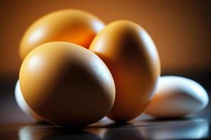 Chicken eggs, brown and white eggs on a table. Eggs ready to be used with flour and wheat in recipe on the table. Types of eggs used in cake preparation and various recipes. photo