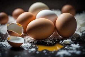 pollo huevos, marrón y blanco huevos en un mesa. huevos Listo a ser usado con harina y trigo en receta en el mesa. tipos de huevos usado en pastel preparación y varios recetas. foto