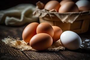 Chicken eggs, brown and white eggs on a table. Eggs ready to be used with flour and wheat in recipe on the table. Types of eggs used in cake preparation and various recipes. photo