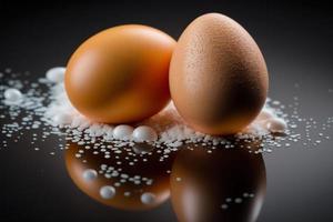 Chicken eggs, brown and white eggs on a table. Eggs ready to be used with flour and wheat in recipe on the table. Types of eggs used in cake preparation and various recipes. photo