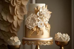 Wedding cake with flower details on a tableWhat does wedding cake mean photo