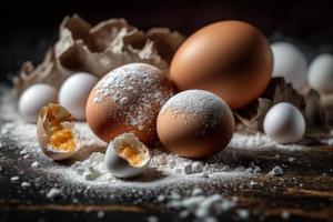 Chicken eggs, brown and white eggs on a table. Eggs ready to be used with flour and wheat in recipe on the table. Types of eggs used in cake preparation and various recipes. photo