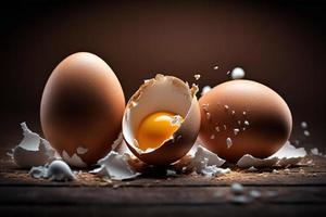 Chicken eggs, brown and white eggs on a table. Eggs ready to be used with flour and wheat in recipe on the table. Types of eggs used in cake preparation and various recipes. photo