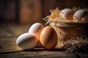 Chicken eggs, brown and white eggs on a table. Eggs ready to be used with flour and wheat in recipe on the table. Types of eggs used in cake preparation and various recipes. photo