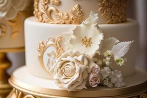 Wedding cake is the traditional cake served at wedding parties after the main meal. In modern Western culture, the cake is usually on display and served to guests during the reception. photo