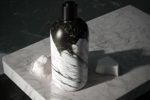 Monochrome photograph of shampoo bottle. Black bottle on marble. photo