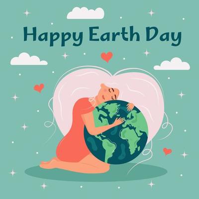 Earth day. Cute girl is holding and hugging planet globe. Her hair in the form of heart. Environment conservation, energy saving , world peace,  ecology support concept.