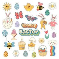 Groovy hippie Easter set.  Easter eggs, bunnies,  butterflies, bees, chickens, daisies. Set of cartoon characters and elements in trendy retro 60s 70s cartoon style. vector