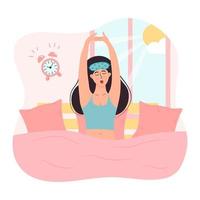 Woman in sleeping mask is waking up, yawning and stretching out in the bed with pillows. Sun shining through the window and alarm ringing. Daily morning routine. vector