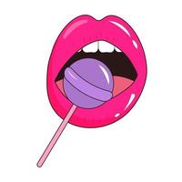 Sexy glossy half-opened mouth with lollipop in pop art style. Female lips licking sweet lollipop. vector