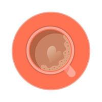 Cup of coffee top view with heart design and foam. Flat icon isolated on white background. vector