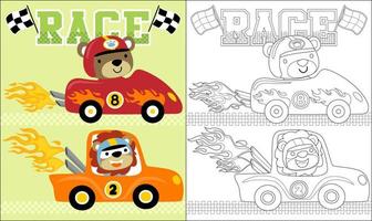 Coloring book or page of funny animals cartoon on racing car vector