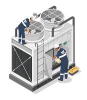 Industrial large Air Conditioner Engineer Maintenance Service on roof of factory mall airport or wearehouse Isometric illustration cartoon vector