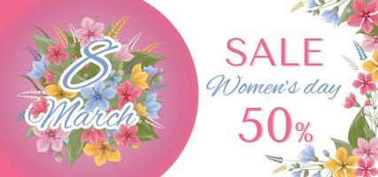 Banner for the International Women's Day. Flyer for March 8 with the decor of flowers. Invitations with the number 8 in the style of cut paper with a pattern of spring plants, leaves and flowers vector