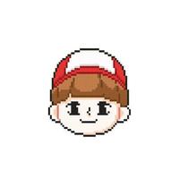 cute boy face wearing red hat in pixel art style vector