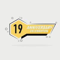 19 years anniversary logo vector design with yellow geometric shape with gray background