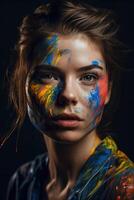 Young woman with multicolored paint on face photo