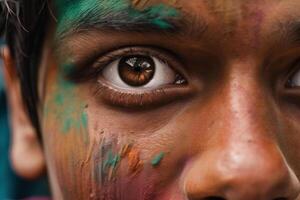 Indian boy face close up with colorful paint photo