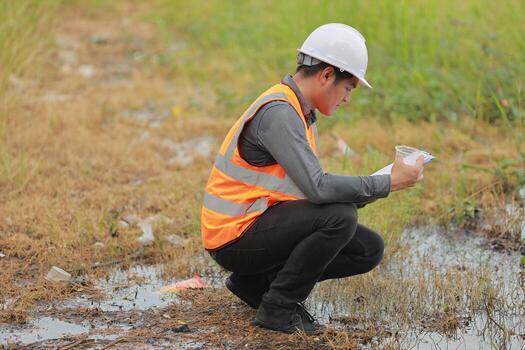 Environmental engineers work at water source to check for contaminants  in water sources and analysing water test results for reuse.World environment day concept. photo