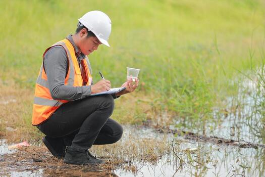 Environmental engineers work at water source to check for contaminants  in water sources and analysing water test results for reuse.World environment day concept. photo