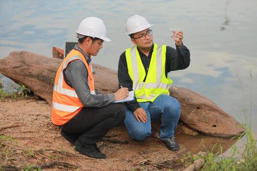 Environmental engineers work at water source to check for contaminants  in water sources and analysing water test results for reuse.World environment day concept. photo