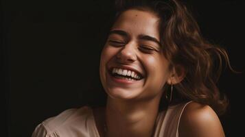 retrato de un riendo bonito mujer. mundo la risa día. generativo ai foto