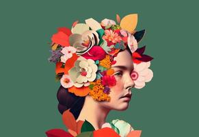 Portrait of a young woman with flowers. Surrealism and minimalism artwork. Art Collage photo