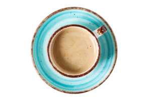 Blue plate and cup with coffee milk isolated on a transparent background png