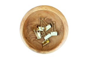 Beige wooden bowl with gold clips isolated on a transparent background png