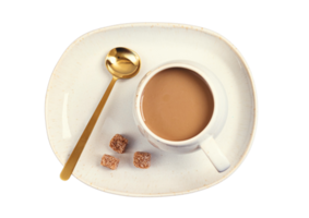 Beige plate, cup with coffe milk and spoon isolated on a transparent background png