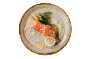 Gray plate with salmon isolated on a transparent background png