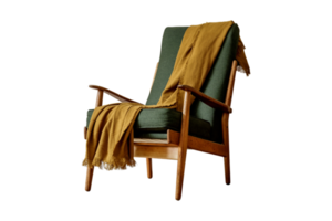 Green chair with wooden legs and mustard blancket isolated on a transparent background png